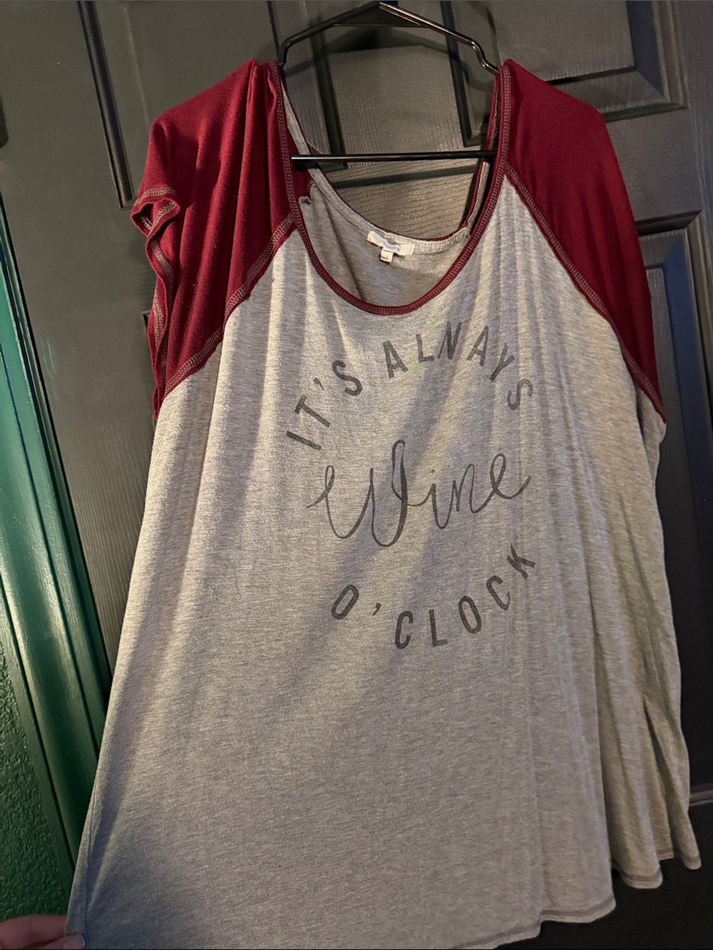 Maurices Gray Tee with Burgundy Raglan Sleeves and Wine Script